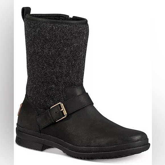 UGG "Robbie" Mid-Calf Waterproof Boots Leather Wool Black Gray | Women's Size 8 - Picture 2 of 14
